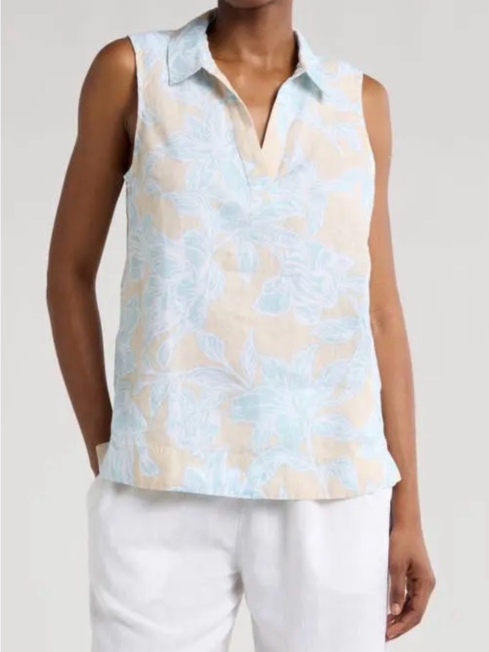 Tommy Bahama Sleeveless Linen Collared Floral V-Neck Top in Light Blue and Cream